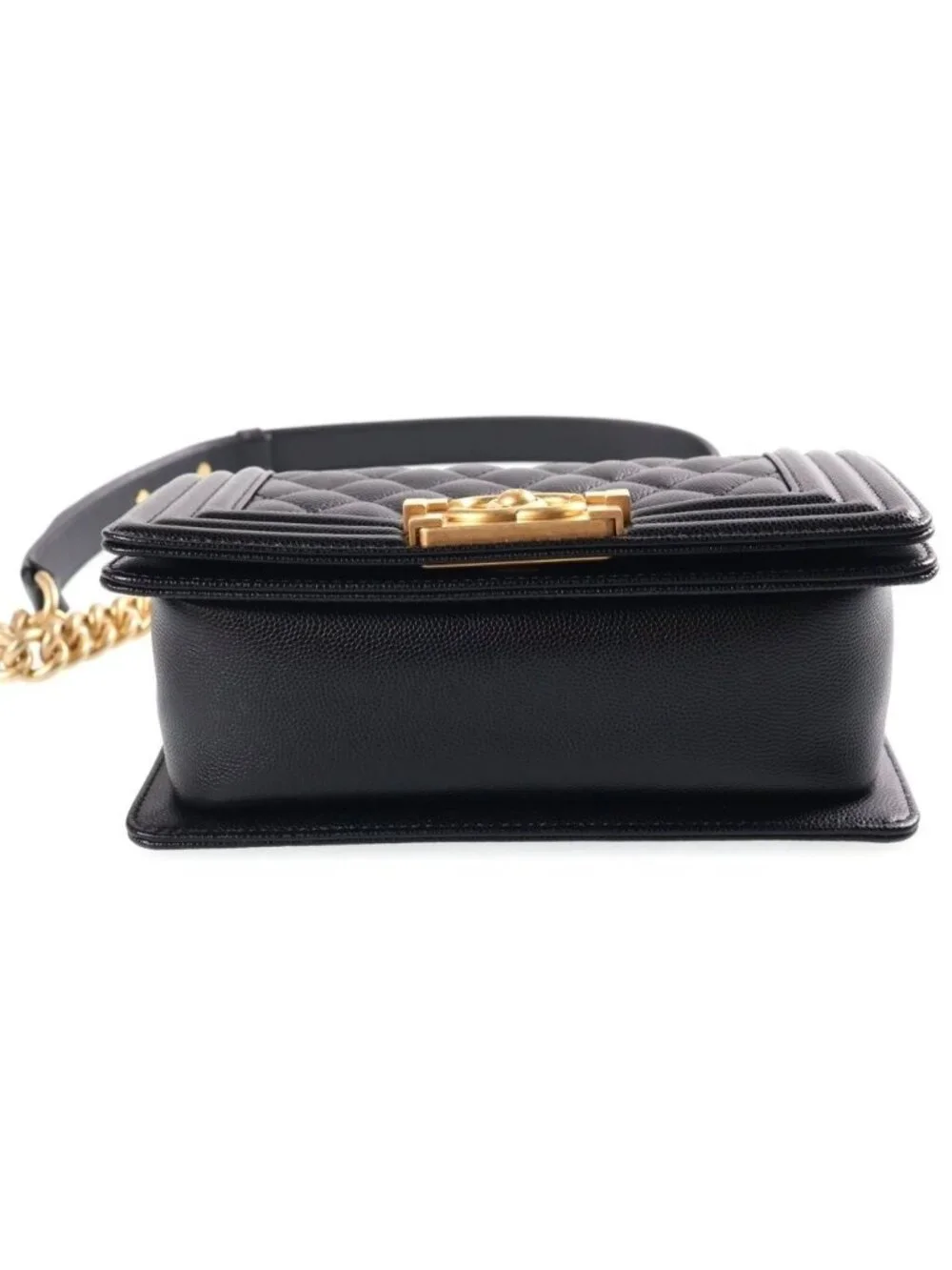 Chanel Boy 20 Quilted Small Caviar Leather Chain Shoulder Bag Gold Black Plate